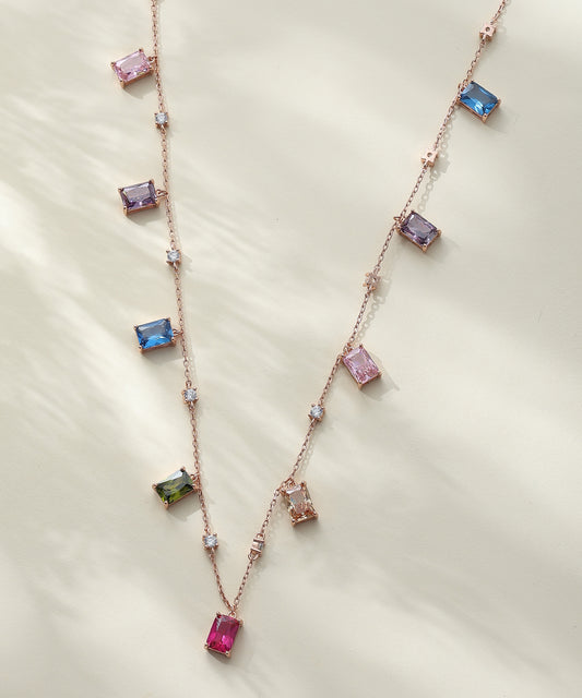 Siora Jewels Prism Glow 925 Silver Necklace for Women | Rose Gold Finish with Multicolour Gemstones & Zircon Detailing