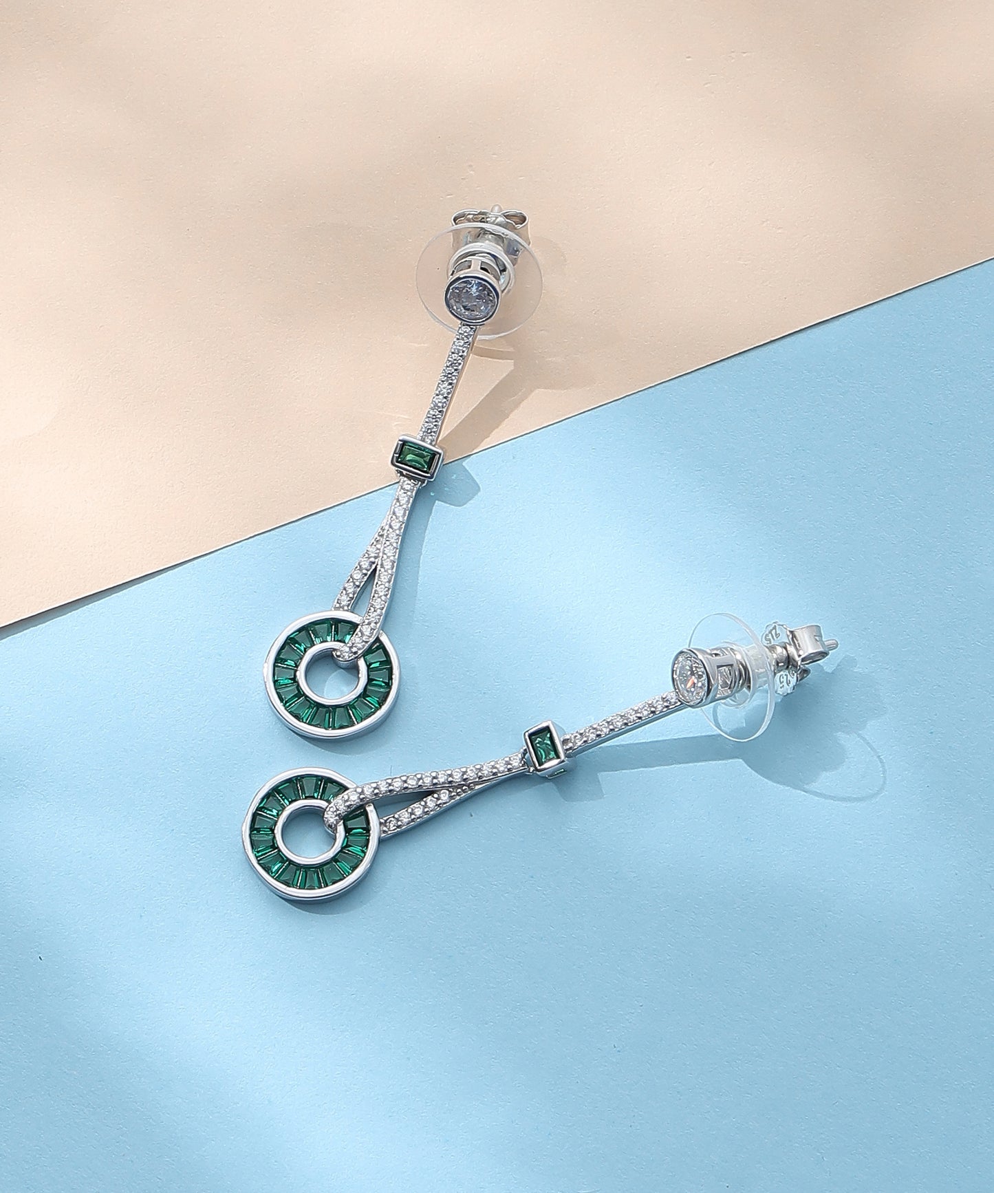 Siora Jewels Emerald Orbit 925 Silver Earrings for Women | Rhodium Finish with Zircon & Green Stone Detailing