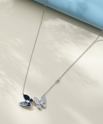 Siora Jewels Dual Butterfly 925 Silver Necklace for Women | Rhodium Finish with Black Enamel & Zircon Detailing
