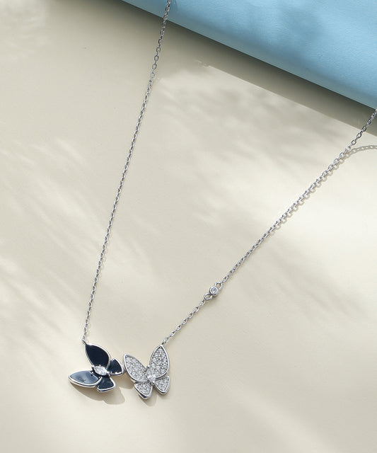 Siora Jewels Dual Butterfly 925 Silver Necklace for Women | Rhodium Finish with Black Enamel & Zircon Detailing