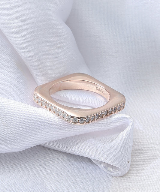 Siora Jewels Luxe Square Band 925 Silver Ring for Women | Rose Gold Finish Pavé Zircon Statement Ring