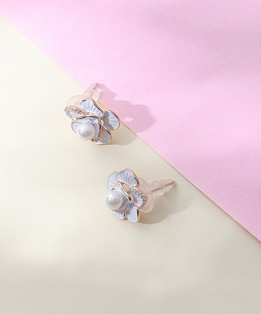 Siora Jewels White Blossom 925 Silver Earrings for Women | Rhodium Finish with Enamel Floral & Pearl Detailing