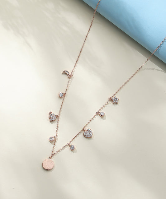 Siora Jewels Celestial Charm 925 Silver Necklace for Women | Rose Gold Finish with Star, Moon & Heart Motifs