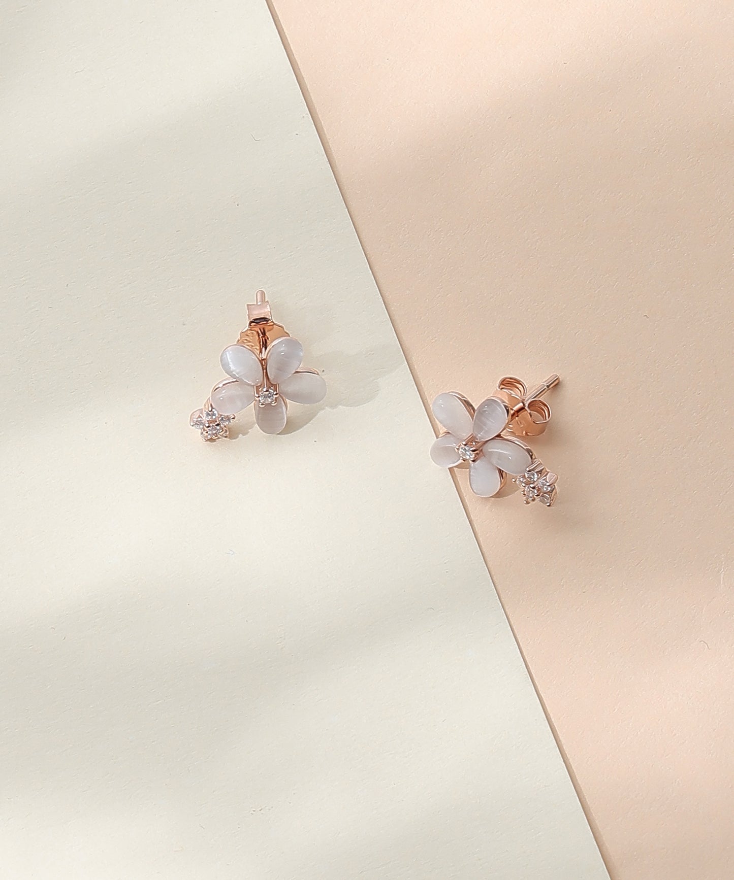 Siora Jewels Petite Floral 925 Silver Stud Earrings for Women | Rose Gold Finish with Enamel & Zircon Detailing