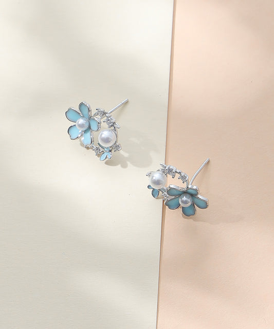 Siora Jewels Blue Bloom 925 Silver Earrings for Women | Rhodium Finish with Pastel Enamel & Zircon Detailing