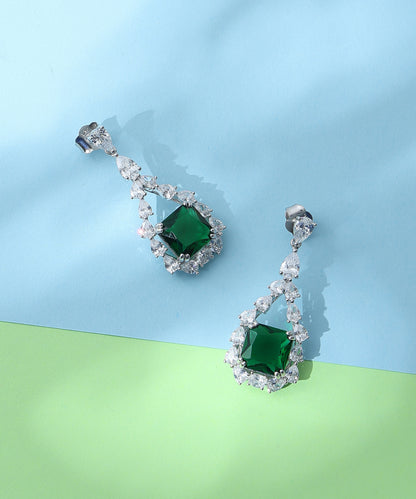 Siora Jewels White CZ 925 Silver Earrings for Women | Rhodium Finish with Green Detailing