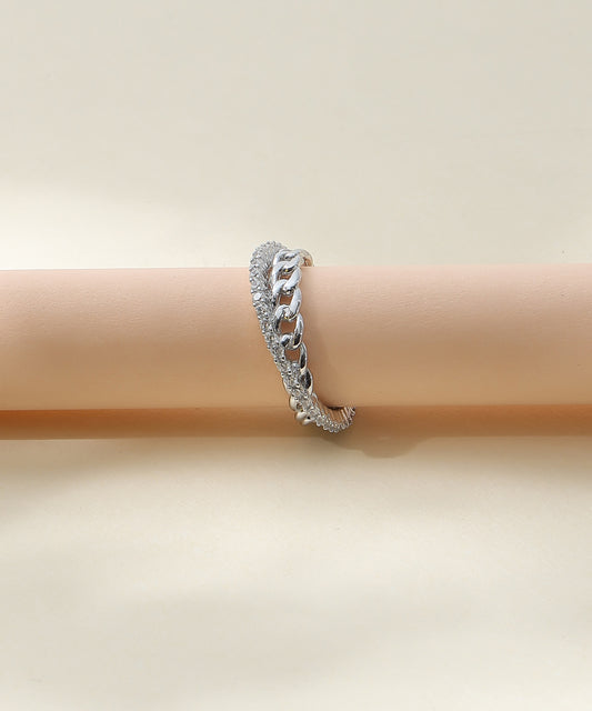 Siora Jewels Chain-Link 925 Silver Ring for Women | Rhodium Finish with Pavé Zircon Detailing