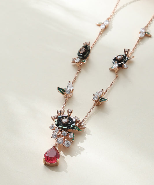 Siora Jewels Crimson Bloom 925 Silver Necklace for Women | Rose Gold Finish with Enamel & Red Stone Detailing