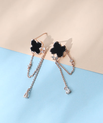 Siora Jewels Black Clover Drop 925 Silver Earrings for Women | Rose Gold Finish with Enamel Clover Detailing