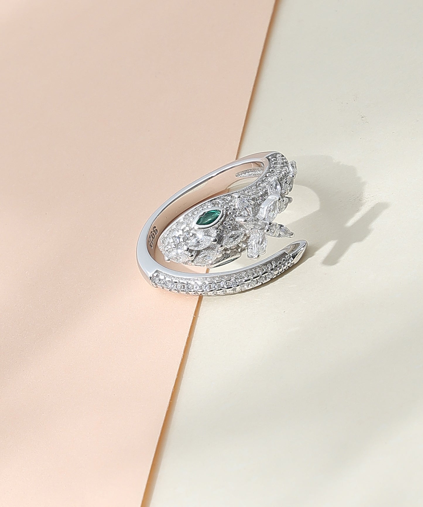 Siora Jewels Emerald Serpent 925 Silver Ring for Women | Rhodium Finish with Zircon & Emerald Detailing