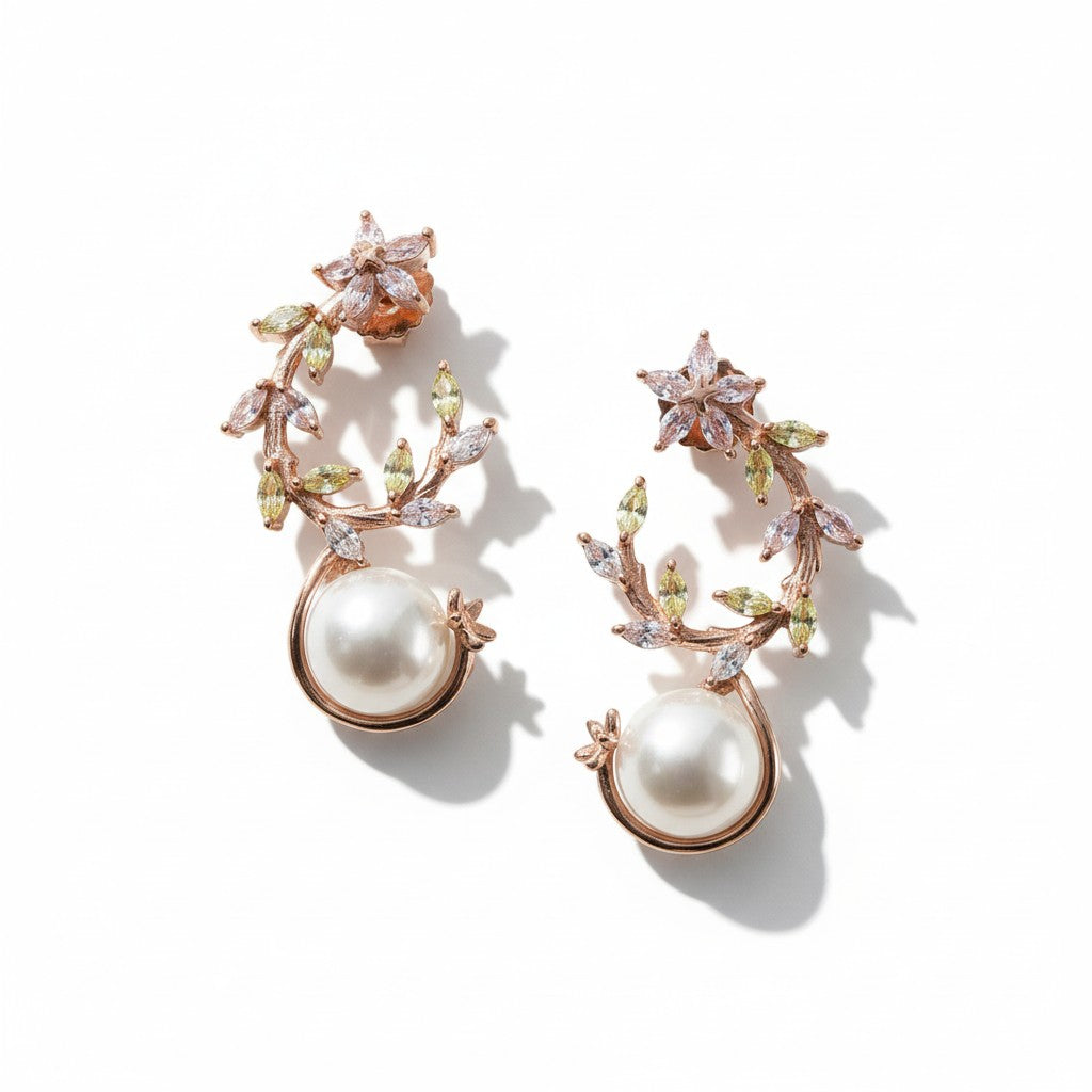 Siora Jewels Pearl Drop 925 Silver Earrings for Women | Rose Gold Finish with Floral Top & Luminous Pearls