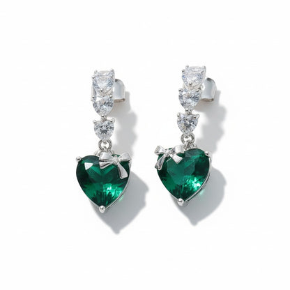 Siora Jewels Emerald Heart 925 Silver Earrings for Women | Rhodium Finish with Zircon Detailing & Bow Accent