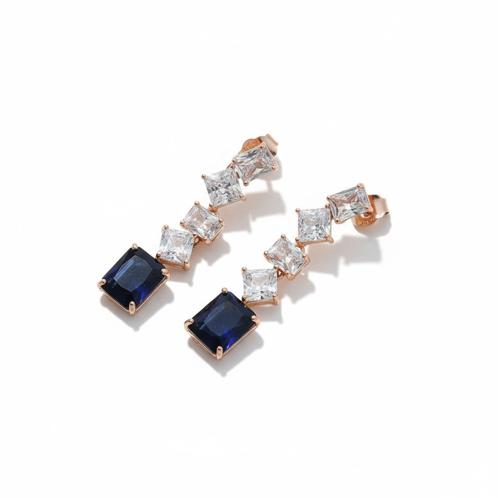 Siora Jewels Blue CZ 925 Silver Earrings for Women | Rose Gold Finish with Blue Detailing