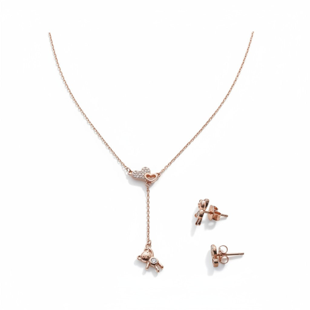 Siora Jewels Teddy Drop 925 Silver Pendant Set for Women | Rose Gold Finish with Zircon Detailing