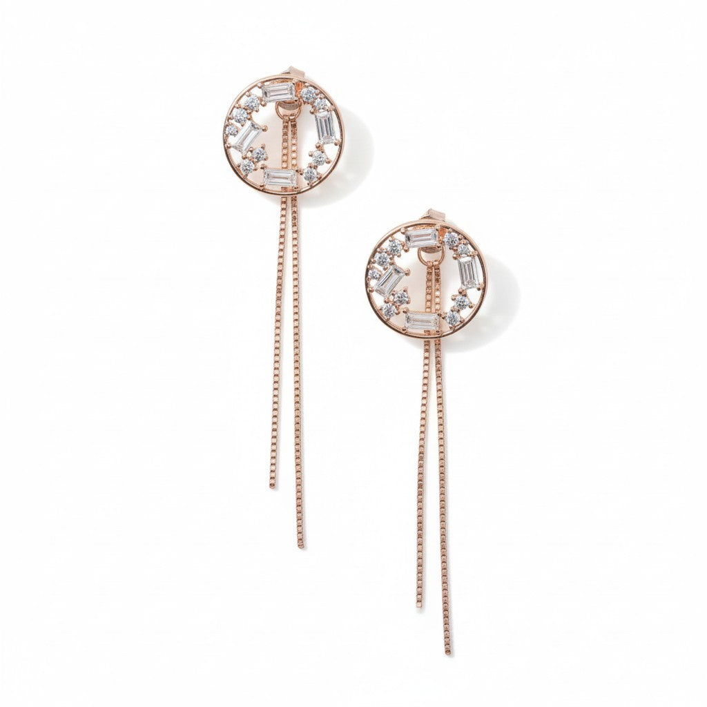 Siora Jewels Circle Cascade 925 Silver Earrings for Women | Rose Gold Finish with Zircon & Chain Tassel Detailing