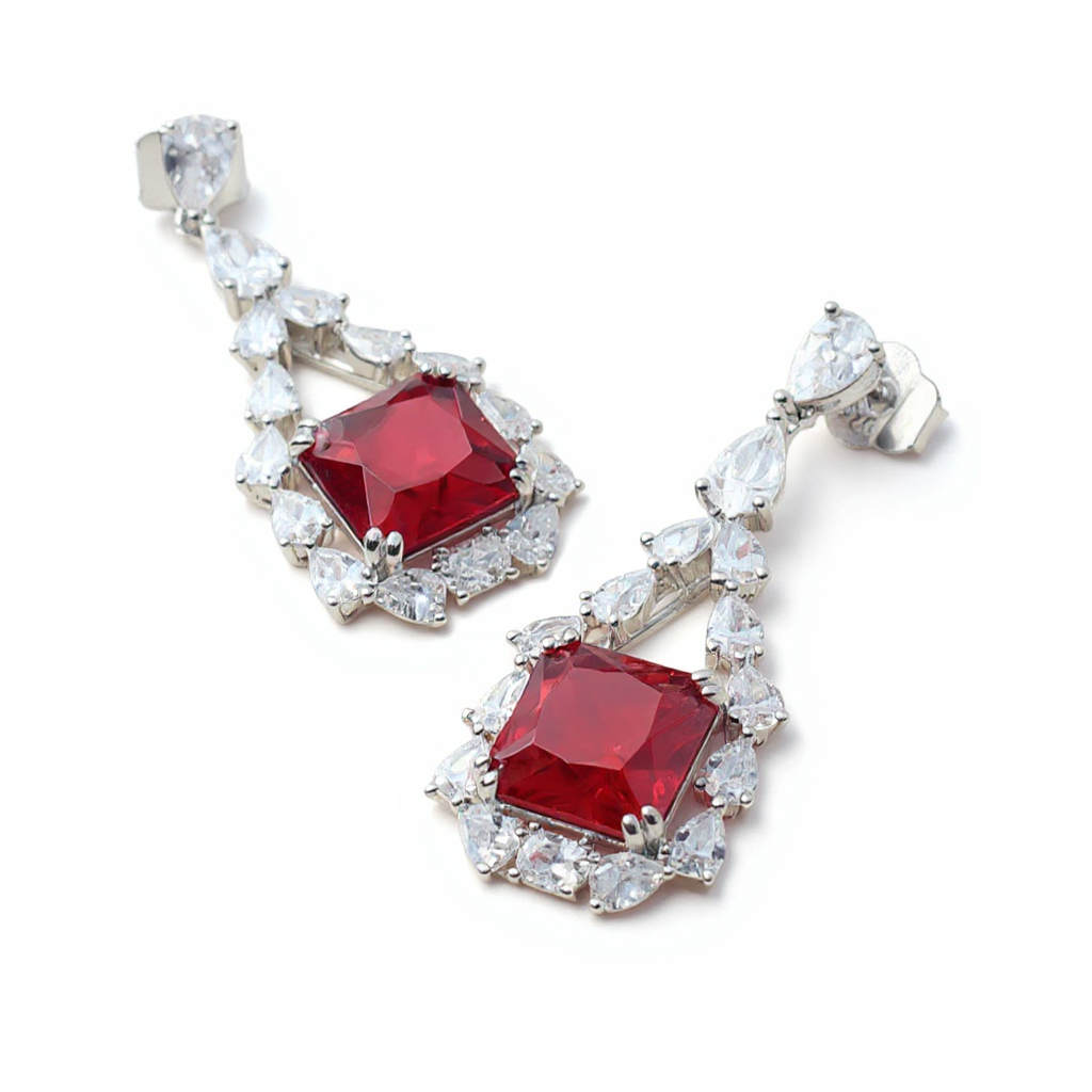 Siora Jewels White CZ 925 Silver Earrings for Women | Rhodium Finish with Red Detailing