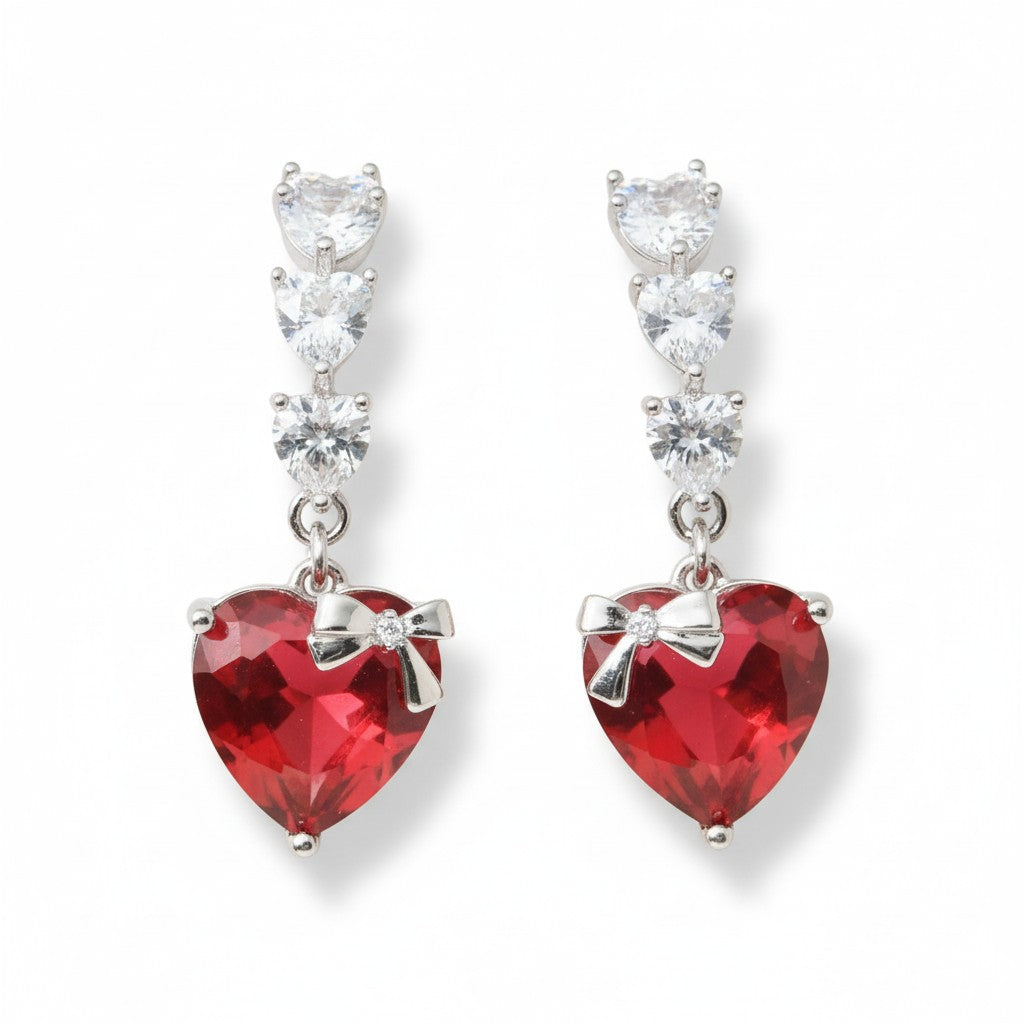Siora Jewels Red Heart CZ 925 Silver Earrings for Women | Rhodium Finish with Bow Accent Detailing