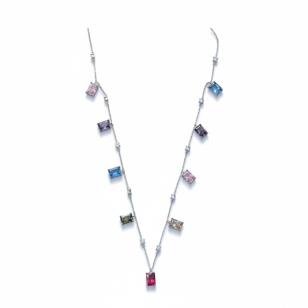 Siora Jewels Prism Glow 925 Silver Necklace for Women | Rhodium Finish with Multicolour Gemstones & Zircon Detailing