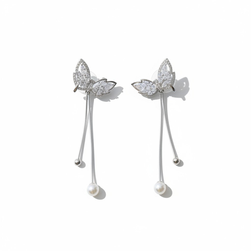 Siora Jewels Floral Drape 925 Silver Earrings for Women | Rhodium Finish with Zircon & Pearl Detailing