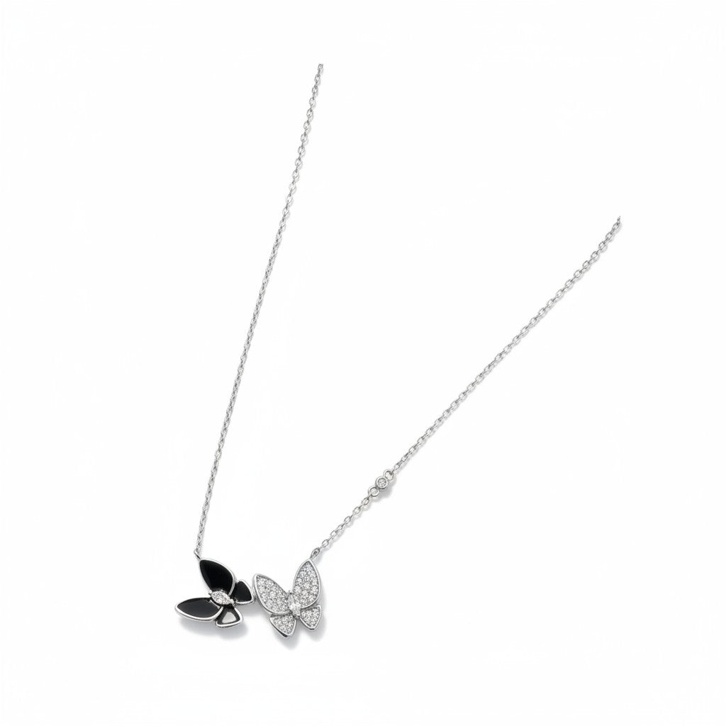 Siora Jewels Dual Butterfly 925 Silver Necklace for Women | Rhodium Finish with Black Enamel & Zircon Detailing
