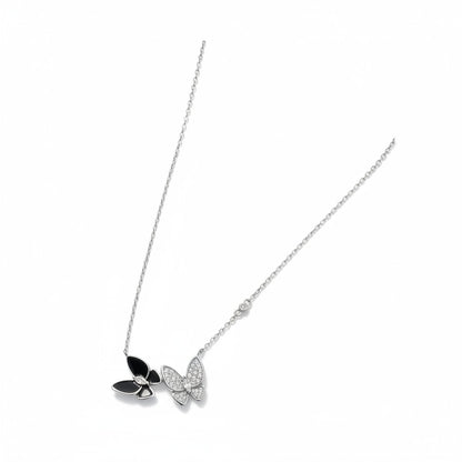 Siora Jewels Dual Butterfly 925 Silver Necklace for Women | Rhodium Finish with Black Enamel & Zircon Detailing