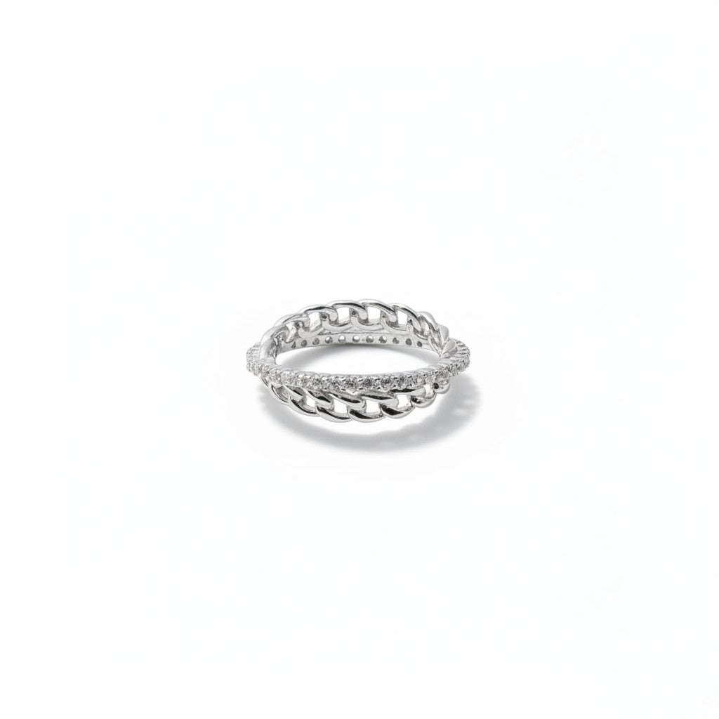 Siora Jewels Chain-Link 925 Silver Ring for Women | Rhodium Finish with Pavé Zircon Detailing