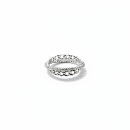 Siora Jewels Chain-Link 925 Silver Ring for Women | Rhodium Finish with Pavé Zircon Detailing