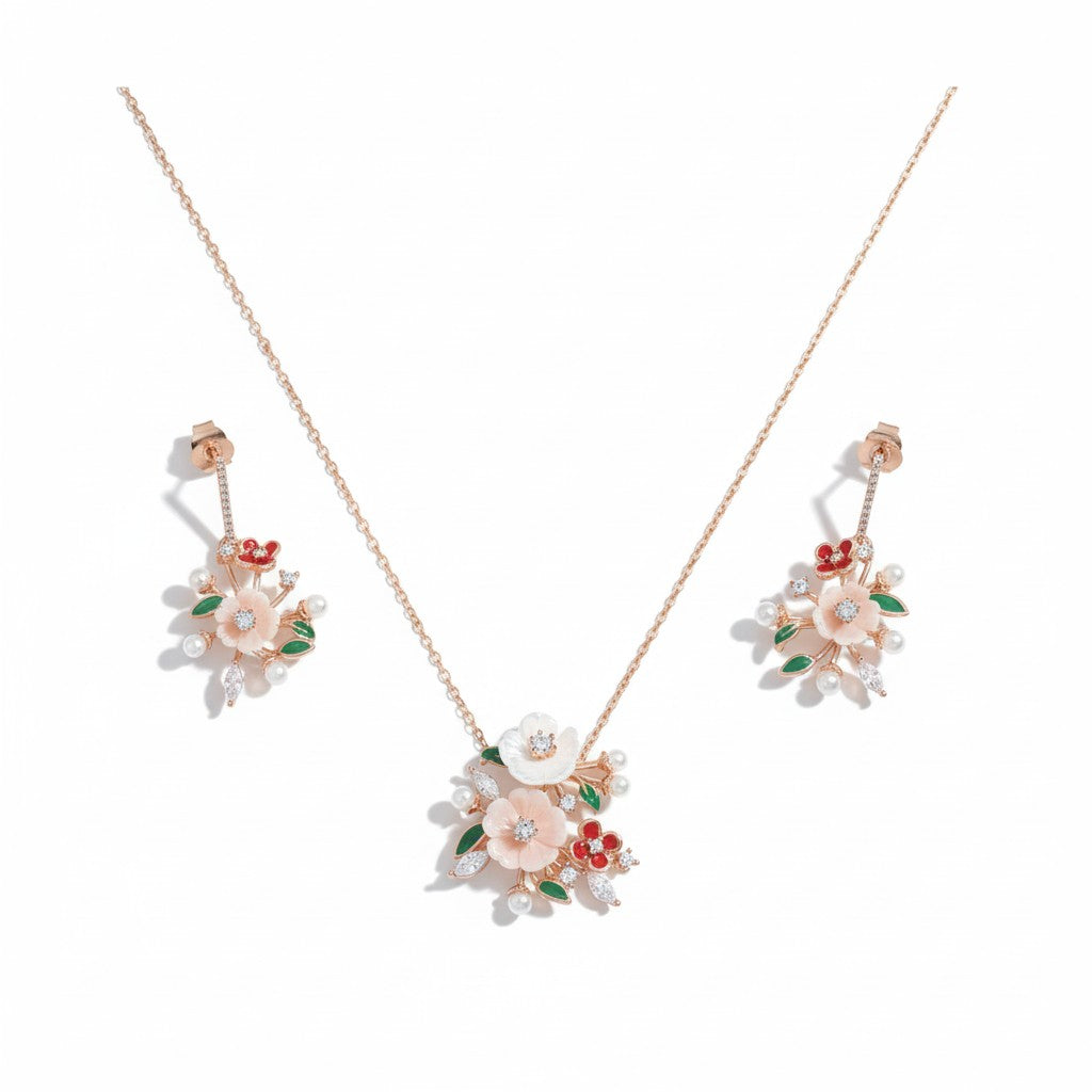 Siora Jewels Floral Harmony 925 Silver Jewellery Set for Women | Rose Gold Finish with Multicolour Enamel, Pearls & Zircons