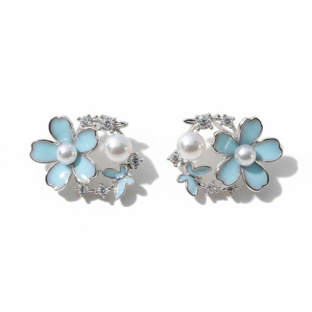 Siora Jewels Blue Bloom 925 Silver Earrings for Women | Rhodium Finish with Pastel Enamel & Zircon Detailing