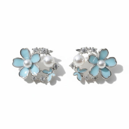 Siora Jewels Blue Bloom 925 Silver Earrings for Women | Rhodium Finish with Pastel Enamel & Zircon Detailing