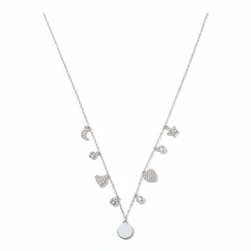 Siora Jewels Celestial Charm 925 Silver Necklace for Women | Rhodium Finish with Star, Moon & Heart Motifs