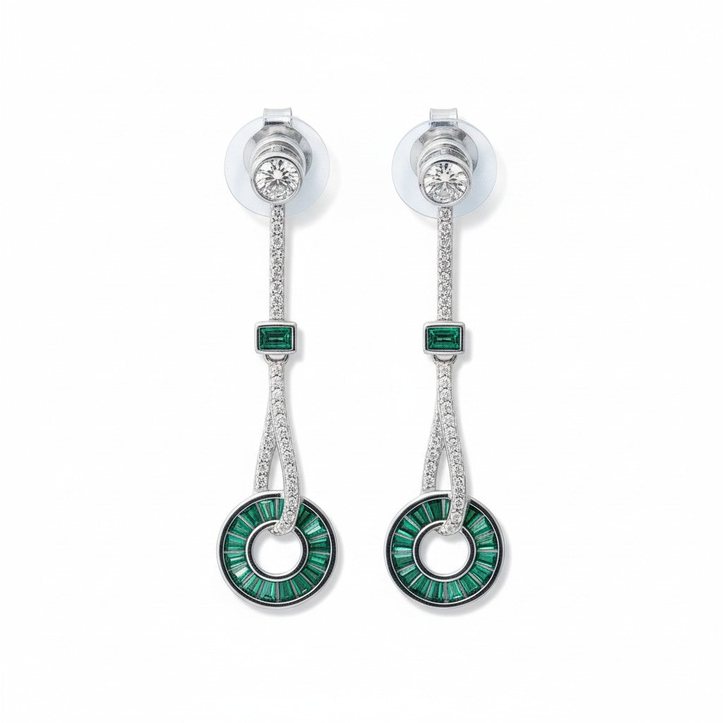 Siora Jewels Emerald Orbit 925 Silver Earrings for Women | Rhodium Finish with Zircon & Green Stone Detailing
