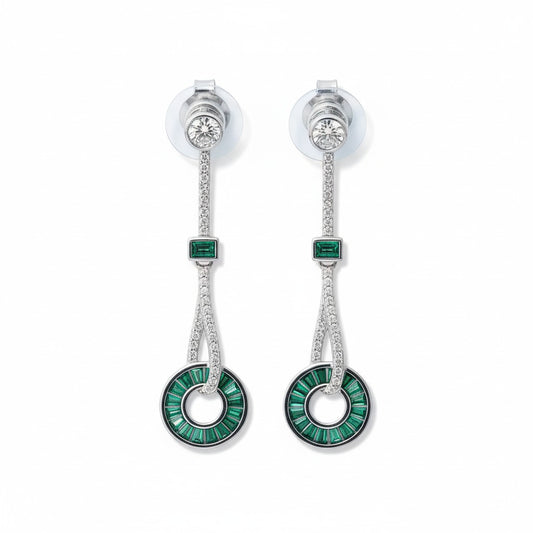 Siora Jewels Emerald Orbit 925 Silver Earrings for Women | Rhodium Finish with Zircon & Green Stone Detailing