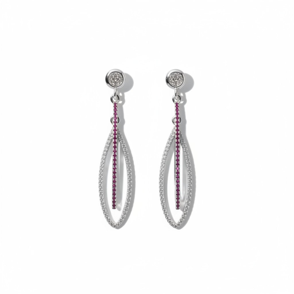 Siora Jewels Ruby Loop 925 Silver Earrings for Women | Rhodium Finish with Zircon & Ruby Detailing