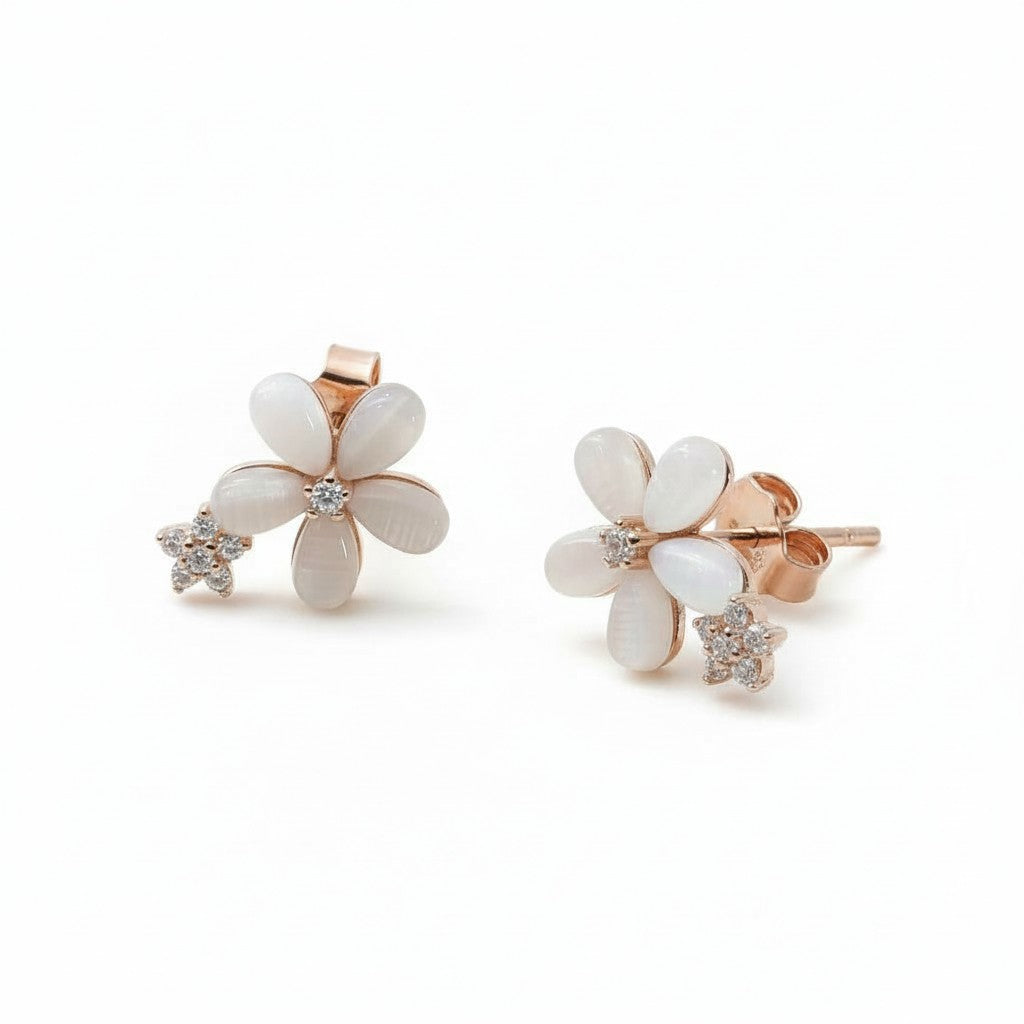 Siora Jewels Petite Floral 925 Silver Stud Earrings for Women | Rose Gold Finish with Enamel & Zircon Detailing