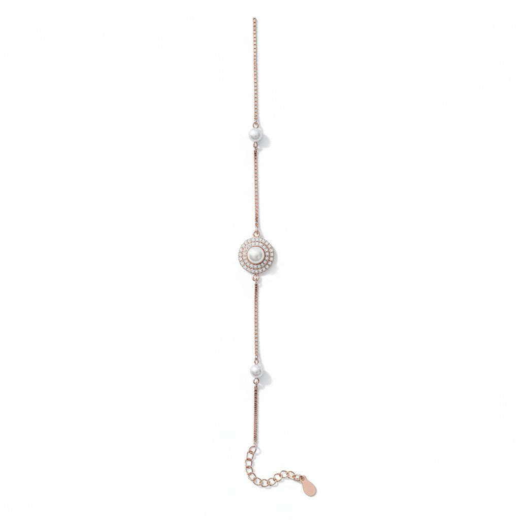 Siora Pearl Halo 925 Silver Bracelet – Rose Gold Finish | Natural Pearl & Zircon Halo