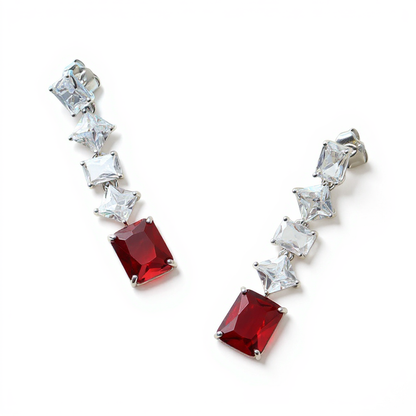 Siora Jewels White CZ 925 Silver Earrings for Women | Rhodium Finish with Red Detailing