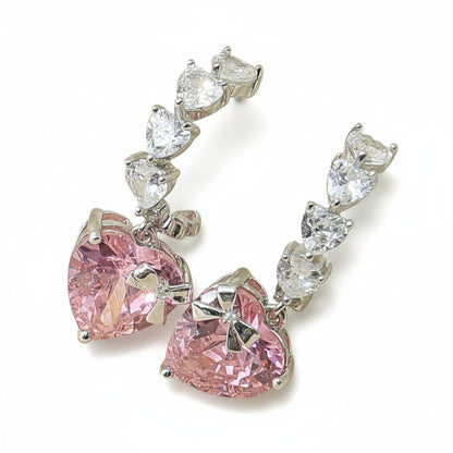 Siora Jewels Pink Heart CZ 925 Silver Earrings for Women | Rhodium Finish with Sparkling Stone Detailing
