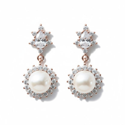 Siora Jewels Pearl Glow 925 Silver Earrings for Women | Rose Gold Finish with CZ Halo Detailing