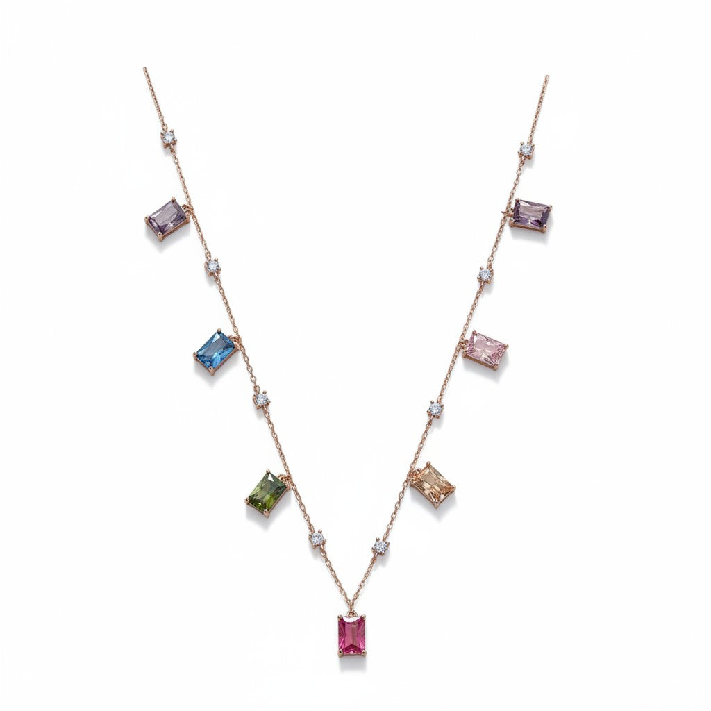 Siora Jewels Prism Glow 925 Silver Necklace for Women | Rose Gold Finish with Multicolour Gemstones & Zircon Detailing