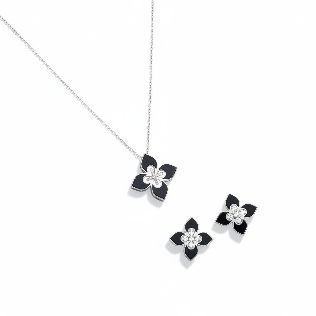 Siora Jewels Noir Bloom 925 Sterling Silver Jewellery Set for Women | Rhodium Finish with Black Enamel Floral Design & Zircon Detailing