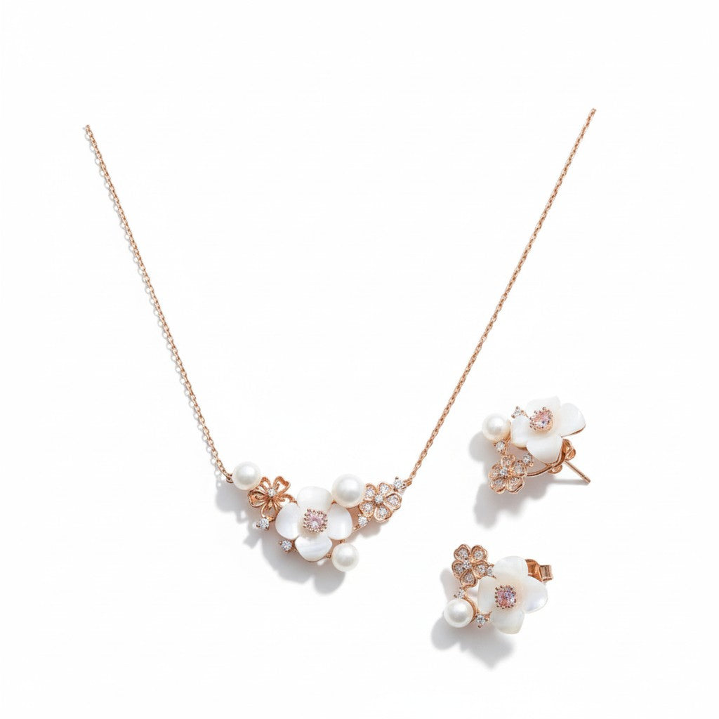 Siora Jewels White Blossom 925 Silver Jewellery Set for Women | Rose Gold Finish with Pearl & Enamel Floral Detailing