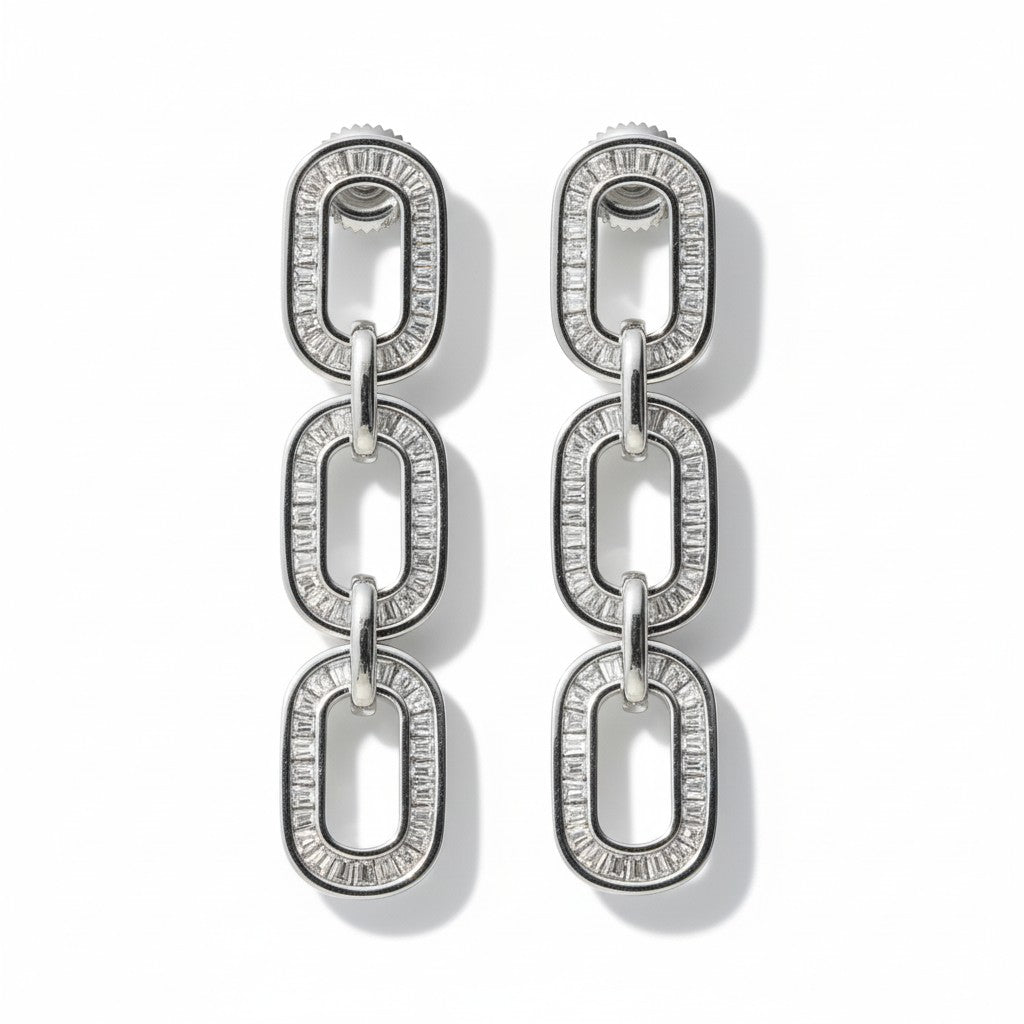 Siora Jewels Link Luxe CZ 925 Silver Earrings for Women | Rhodium Finish with Geometric Detailing