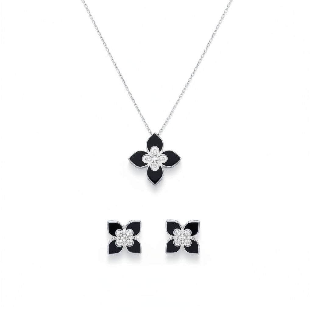 Siora Jewels Noir Bloom 925 Sterling Silver Jewellery Set for Women | Rhodium Finish with Black Enamel Floral Design & Zircon Detailing
