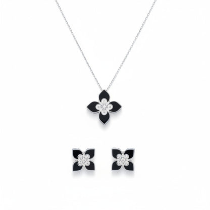 Siora Jewels Noir Bloom 925 Sterling Silver Jewellery Set for Women | Rhodium Finish with Black Enamel Floral Design & Zircon Detailing