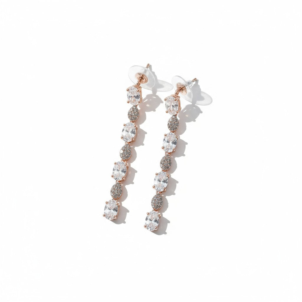 Siora Jewels Aurora Drop CZ 925 Silver Earrings for Women | Rose Gold Finish with Elongated Stone Detailing