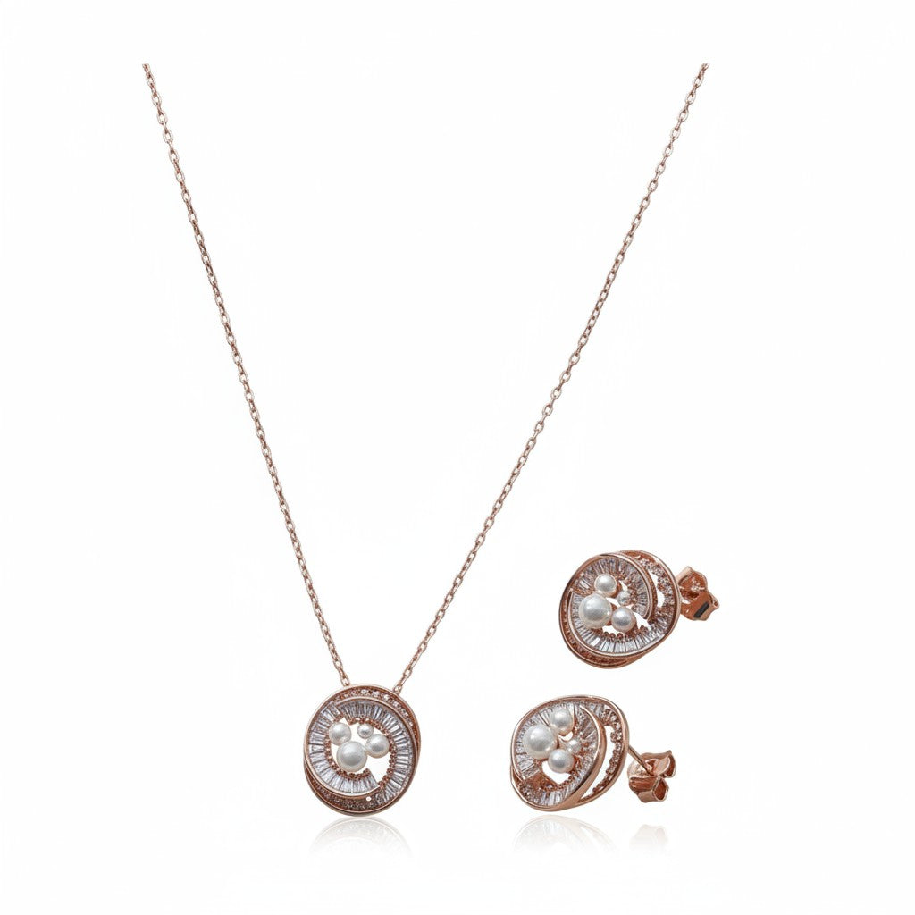 Siora Jewels Lustre Pearl 925 Silver Jewellery Set for Women | Rose Gold Finish with Pearl & Zircon Accents