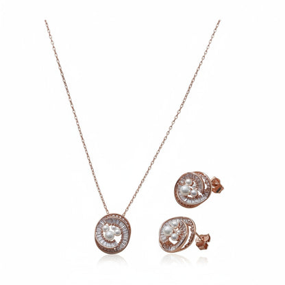 Siora Jewels Lustre Pearl 925 Silver Jewellery Set for Women | Rose Gold Finish with Pearl & Zircon Accents