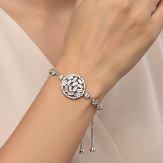 Siora Radiant Halo 925 Silver Bracelet – Rhodium Finish | Baguette-Cut Zircon Sparkle