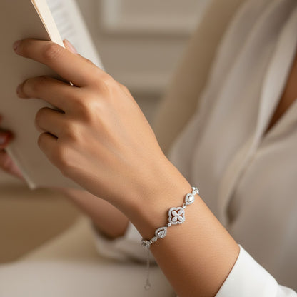 Siora Dual Heart Link 925 Silver Bracelet – Rhodium Finish | Zircon Accents